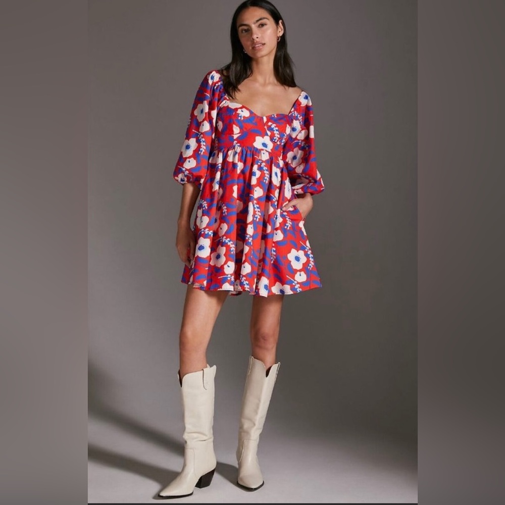 NWT Anthropologie Hutch Floral-Printed Mini Dress XL $180 Red White Blue